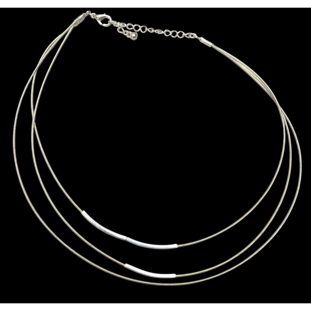 Modern Layered Silver Tone Coil Wire Necklace With Tube Bead Accents